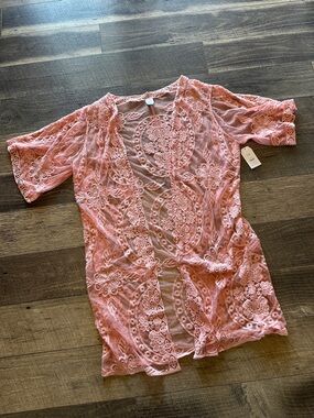 Time and Tru Pink Floral Lace Kimono Cover-Up